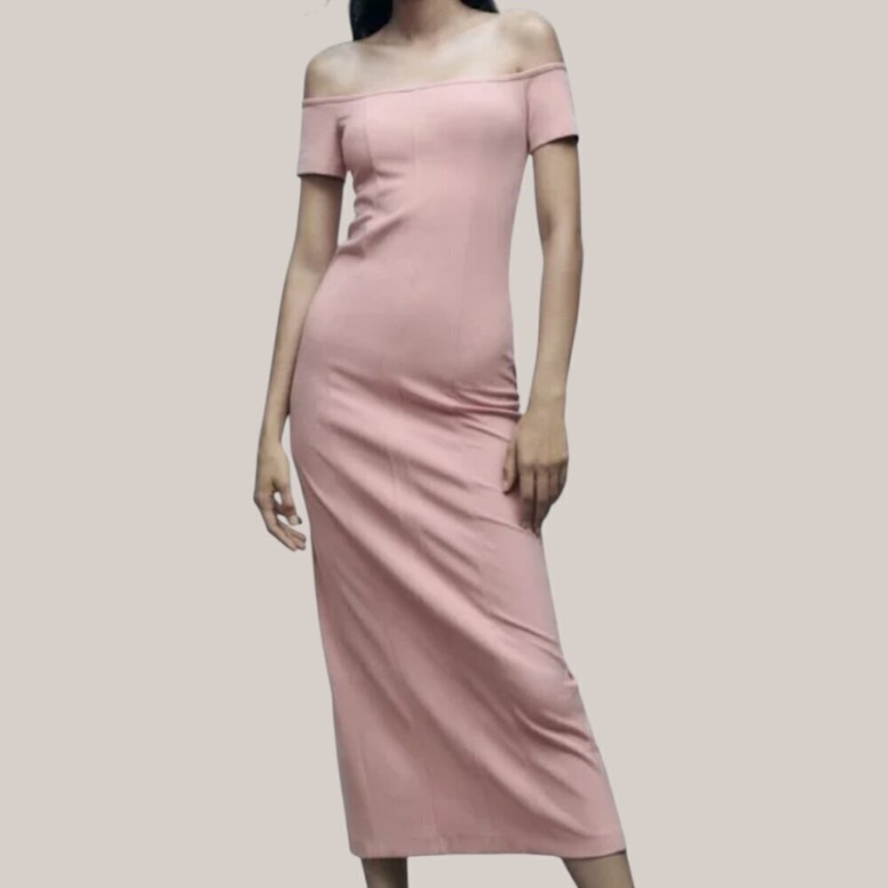 ZARA Dusty Pale Pink Topstitched Off the Shoulder Bodycon Midi Dress Medium NWT